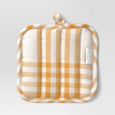 Plaid Potholder Gold - Threshold: Cotton & Linen, Abstract Design, Machine Washable, Autumn Kitchen Textile