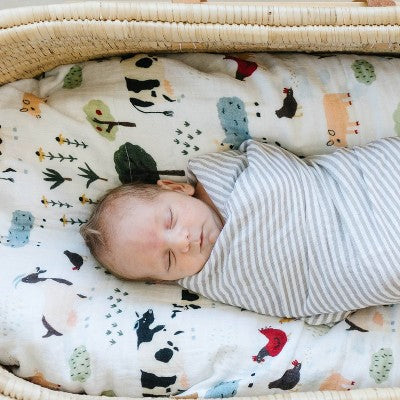 Red Rover Organic Cotton Muslin Swaddle Blanket - Family Farm - 2pk: Animal Prints, 44" x 44"