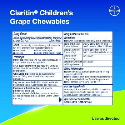 Claritin Children's 24-Hour Allergy Relief Chewables, Non-Drowsy, 5mg Loratadine, Dye-Free, Grape, Ages 2+ - 10ct