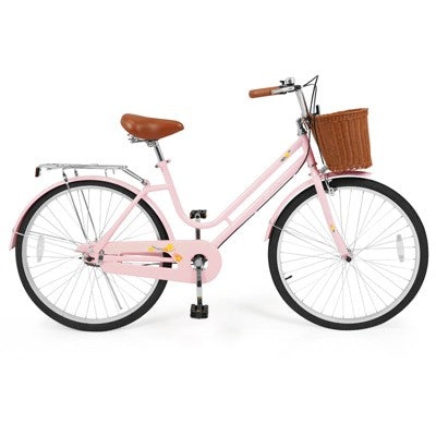 Costway 26-Inch Beach Cruiser Bike,with Adjustable Seat, Woven Basket & Rear Rack, Pink (LOCAL PICKUP ONLY)