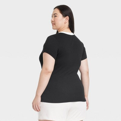 Women's Slim Fit Ribbed T-Shirt - A New Day Black/White XXL