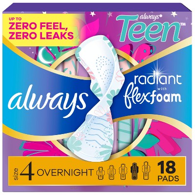 Always Radiant Teen Overnight Menstrual Pads - Size 4 - Unscented - 18ct