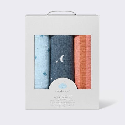Muslin Swaddle Baby Blanket - Space - 3pk - Cloud Island: 47" x 47" Soft Cotton, Logo Pattern, 180 Thread Count