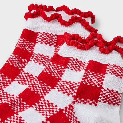 Women's Gingham Ruffle Ankle Socks - White/Red 4-10
