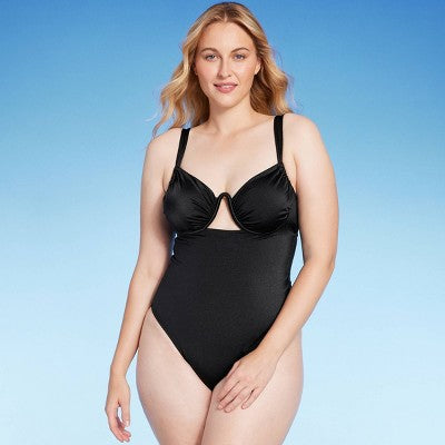 Shirred Cup Underwire High Leg One Piece Swimsuit - 34C