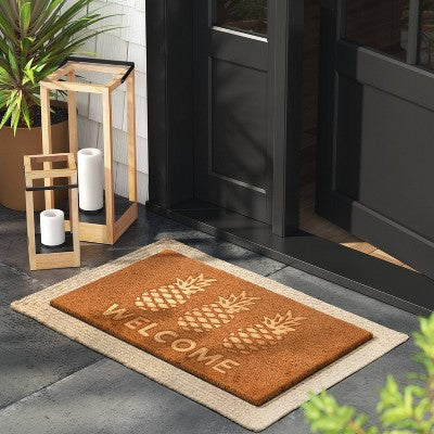 1'6"x2'6" 'Welcome' Pineapple Doormat Natural - Threshold: Outdoor Coir Door Mat, Summer Fruit Design