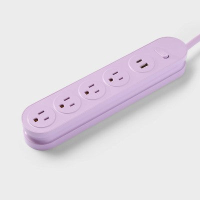 6' 4-Outlet Power Strip Extension Cord with USB and USB-C Ports Purple - heyday: Indoor Flat Extension Cord, 15A, 6ft