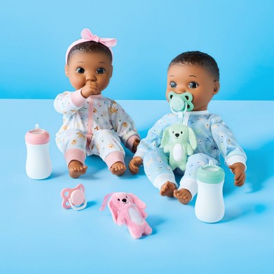 14" Boy Girl Twin Baby Dolls - Dark Brown Hair + Brown Eyes - Gigglescape