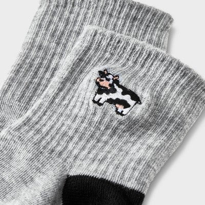 Women's Embroidered Cow Ribbed Ankle Socks - Heather Gray 4-10