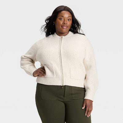 Women's Double Zip Cardigan Sweater - Ava & Viv Oatmeal XXL
