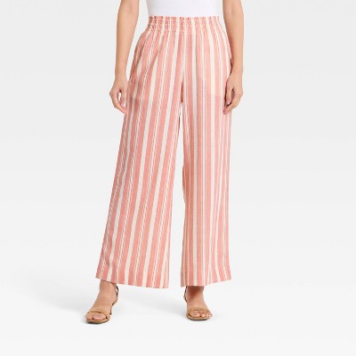 Women's Linen Wide Leg Pants - A New Day Red/White Striped S