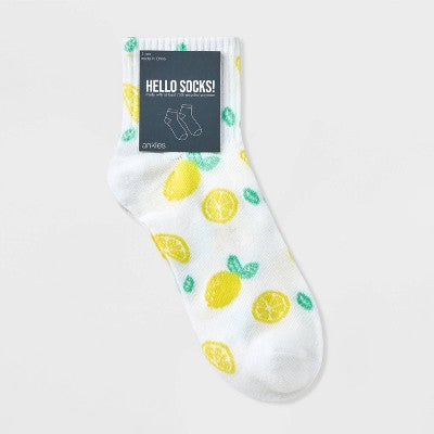 Women's Lemons Ribbed Ankle Socks - White/Yellow 4-10: Lightweight, Recycled Polyester, Machine Washable, Banded Cuff