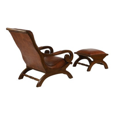 Traditional Teak Wood Accent Chair with Arms and Ottoman Brown - Olivia & May: Leather Upholstered, No Assembly Required (LOCAL PICKUP ONLY)