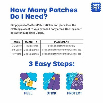 NATPAT 24ct "BuzzPatch" DEET-Free Kids Mosquito Repellent Stickers: Citronella Scented, Safe for All Ages, Ready to Use