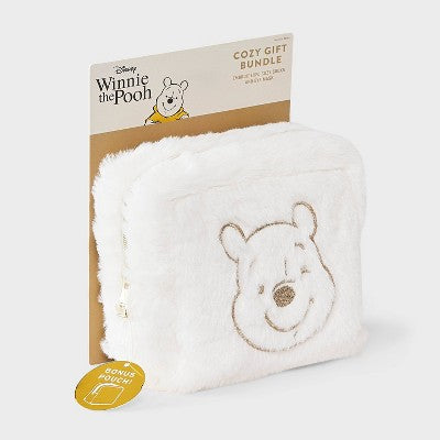 Women's Winnie The Pooh Embroidered Faux Fur 3pk Cozy Gift Set with Reusable Pouch, Cozy Socks and Eye Mask - Ivory/Gold 4-10