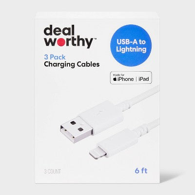 6' Lightning to USB-A Charging Cables 3pk - dealworthy White: Male-to-Male Connector