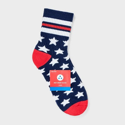 Women's Ribbed Cushioned Stars Short Crew Socks - Navy/Red/White 4-10: Recycled Polyester, Cushioned Sole