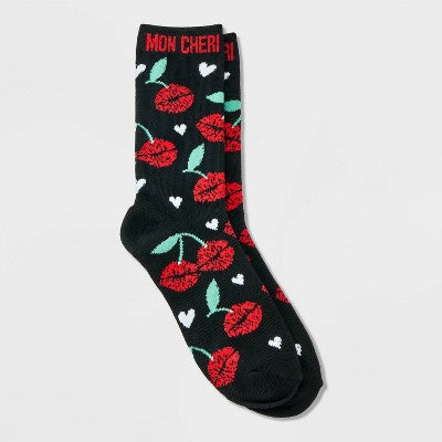 Women's 'Mon Cheri' Cherry Kisses Valentine's Day Crew Socks - Black 4-10