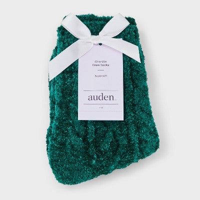 Women's Cable Chenille Crew Socks - Auden Dark Green 4-10