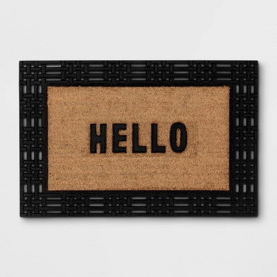 1'11"x2'11" 'Hello' Rubber Coir Doormat Natural/Black - Threshold: Outdoor Welcome Mat, Front Door Decor (LOCAL PICKUP ONLY)