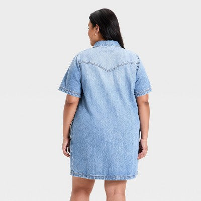 Women's Short Sleeve Denim Mini Shirtdress - Universal Thread Medium Wash 2X