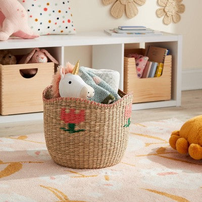 Large Woven Kids' Storage Basket with Pink Flower - Pillowfort
