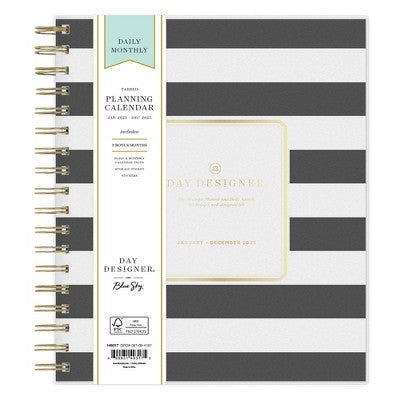 Day Designer 2025 Daily/Monthly Planner 10.16"x9.49" Wirebound Rugby Stripe Black: Adult Calendar, Tabs, Paper 8x10