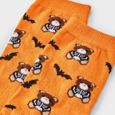 Women's Teddy Bear Skeleton Halloween Crew Socks - Hyde and EEK! Boutique Orange/Black 4 - 10