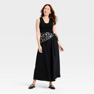 Women's Knit Woven Midi Dress - A New Day Black L