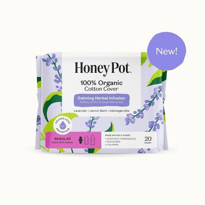 The Honey Pot Company 100% Organic Cotton Cover Calming Herbal Infusion Regular Pads - 20ct