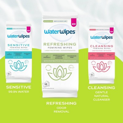 WaterWipes Refreshing Feminine, On-The-Go, pH Friendly for Daily Intimate Care, Odor Removal, Gynecologist Approved, Fragrance Free Wipes - 28ct