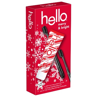 hello Stocking Stuffer, Fluoride-Free Toothpaste and Soft Charcoal Toothbrush Holiday Gift Set - 3ct