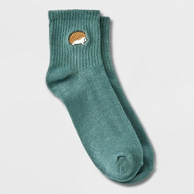 Women's Embroidered Hedgehog Ribbed Ankle Socks - Green 4-10