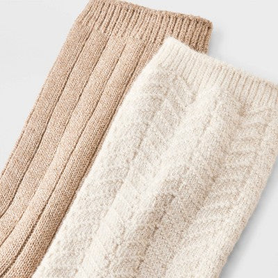 Women's Brushed Terry Lined 2pk Cozy Crew Socks - Auden White/Beige 4-10