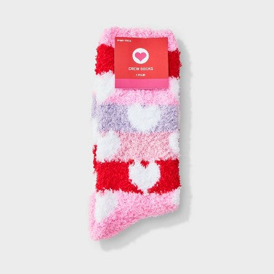 Women's Stripey Hearts Valentine's Day Cozy Crew Socks - Pink/Red/Purple 4-10