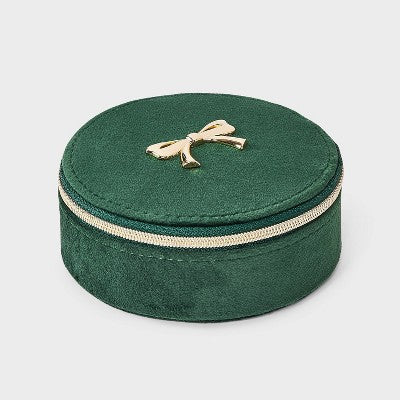 Round Travel Jewelry Organizer with Gold Bow - A New Day Green