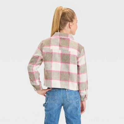 Girls' Cropped Plaid Shacket - Cat & Jack Brown M