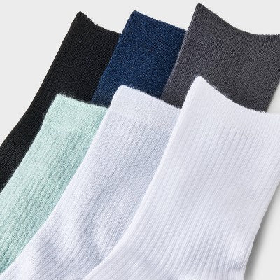Women's Shimmer and Solid Fine Ribbed 6pk Crew Socks - A New Day Blue/Black/Ivory 4-10: Recycled Polyester, Tagless