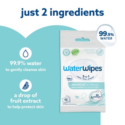 WaterWipes Sensitive+ On The Go Wipes, 3-In-1 Cleans, Cares, Protects, 99.9% Water, Unscented & Hypoallergenic - 10ct