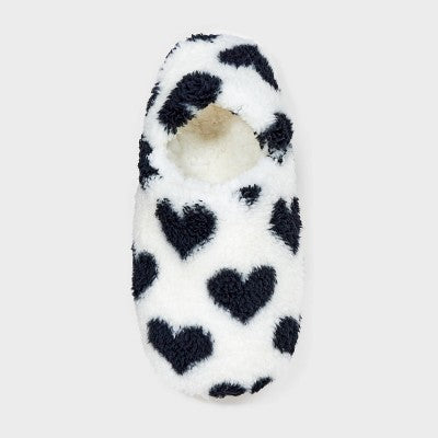 Women's Hearts Cozy Fleece High Cut Pull-On Slipper Socks with Grippers - Black/Ivory M/L