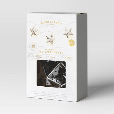 10ct LED Battery Operated Silver Star Christmas Novelty String Lights Warm White - Wondershop