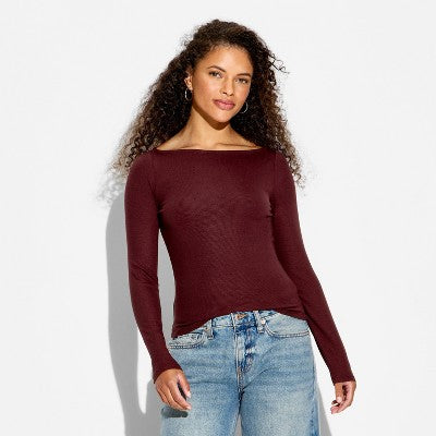 Women's Slim Fit Long Sleeve T-Shirt - Wild Fable Burgundy L