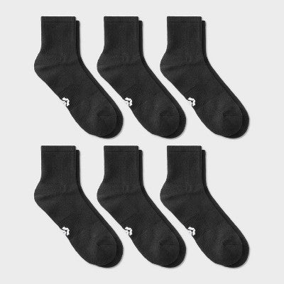 Men's 6pk Quarter Crew Socks - All In Motion Black 6-12