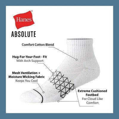 Hanes Men's 4pk Ankle Socks Pack, Absolute Comfort Cushioned Quarter Socks, Moisture-Wicking, Beige/White 6-12