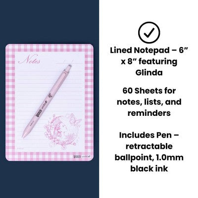 Wicked x Yoobi Paper Set Glinda 6"x8" Lined Notepad with Retractable Ballpoint Pen 60 Sheets