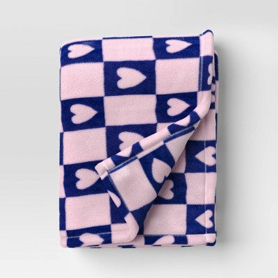 Recycled Poly Printed Heart Check Plush Throw Pink/Blue - Room Essentials