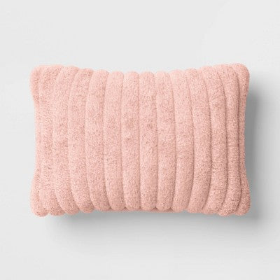 Channeled Faux Fur Lumbar Throw Pillow Blush - Room Essentials: Indoor Rectangle Cushion, Polyester Fill
