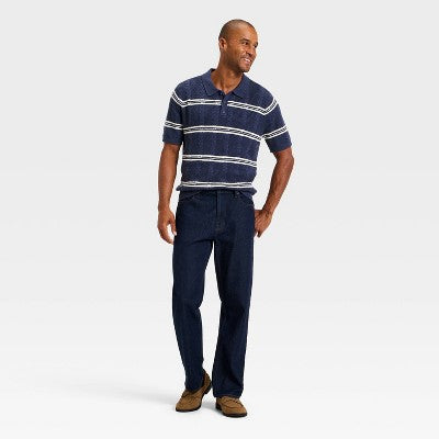 Men's Striped Short Sleeve Cable Sweater - Goodfellow & Co Blue L