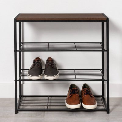4 Tier Shoe Rack Black Metal with Walnut Wood - Brightroom (LOCAL PICKUP ONLY)