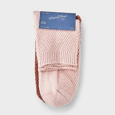 Women's Textured Stitch 3pk Ankle Socks - Universal Thread Pink/Brown/Burgundy 4-10: Tagless, Knit